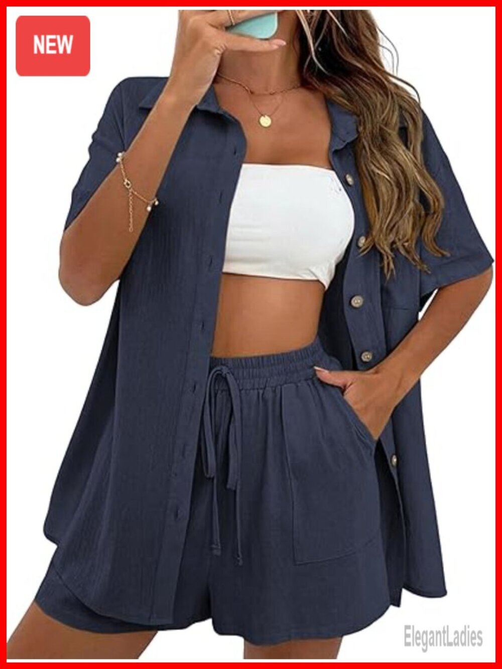 Cotton Blend Linen 2 Piece Set Short Sleeve Button Up Top & High Waisted Shorts
